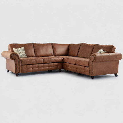 Oakland Tan Brown Large Leather Corner Sofa 3 & 2 Seater Fullback Premium Suite