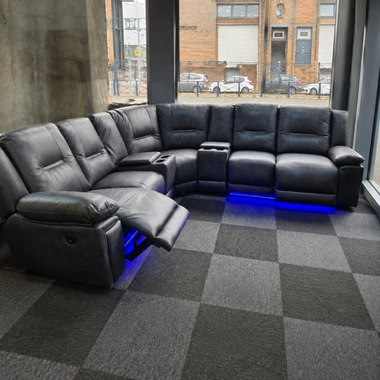 Sara Leather Electric Recliner Sofa With Cupholders - Leather Corner Sofa - 3+2 Seater - USB Charging Ports - LED Lights - Grey(Corner)
