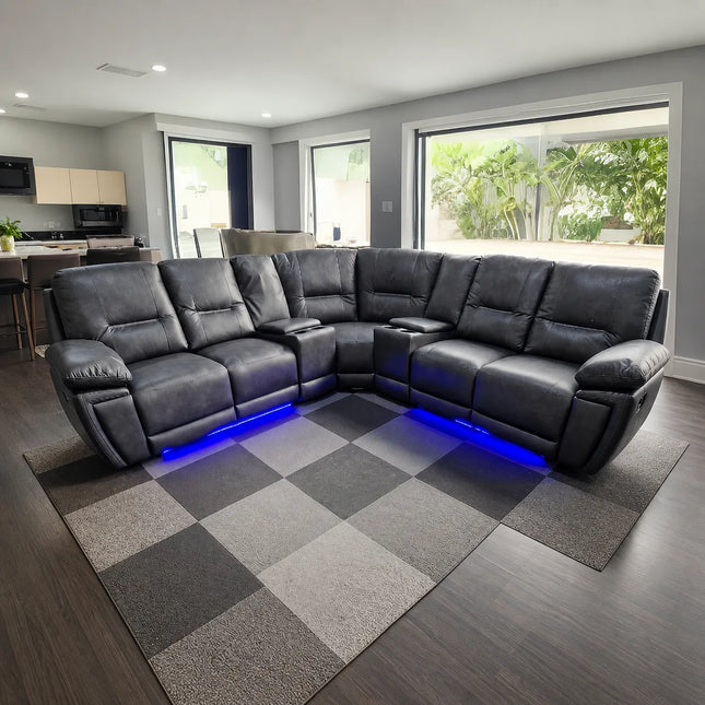 Sara Leather Electric Recliner Sofa With Cupholders - Leather Corner Sofa - 3+2 Seater - USB Charging Ports - LED Lights - Grey(Corner)