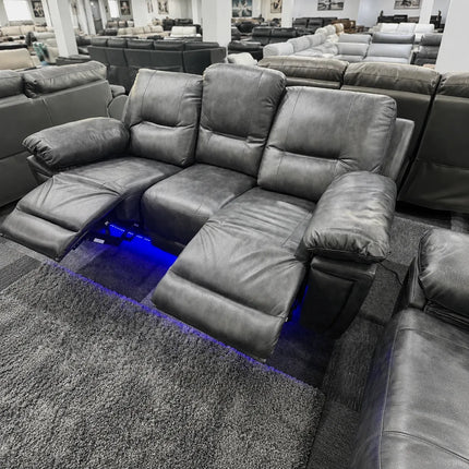 Sara Leather Electric Recliner Sofa With Cupholders - Leather Corner Sofa - 3+2 Seater - USB Charging Ports - LED Lights - Grey (3+2 Seater)