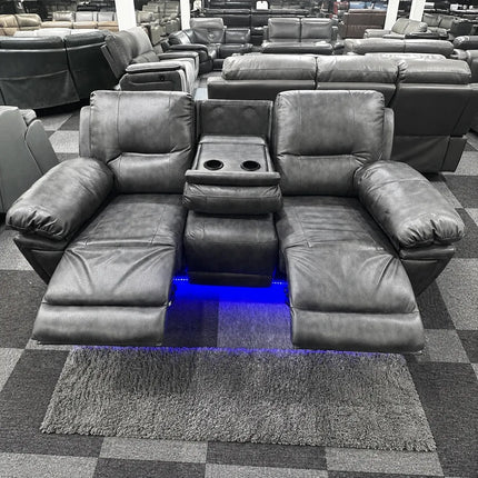 Sara Leather Electric Recliner Sofa With Cupholders - Leather Corner Sofa - 3+2 Seater - USB Charging Ports - LED Lights - Grey (3+2 Seater)