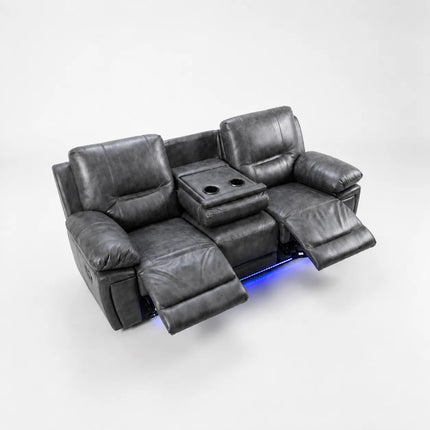 Sara Leather Electric Recliner Sofa With Cupholders - Leather Corner Sofa - 3+2 Seater - USB Charging Ports - LED Lights - Grey (3+2 Seater)