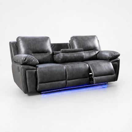 Sara Leather Electric Recliner Sofa With Cupholders - Leather Corner Sofa - 3+2 Seater - USB Charging Ports - LED Lights - Grey (3+2 Seater)