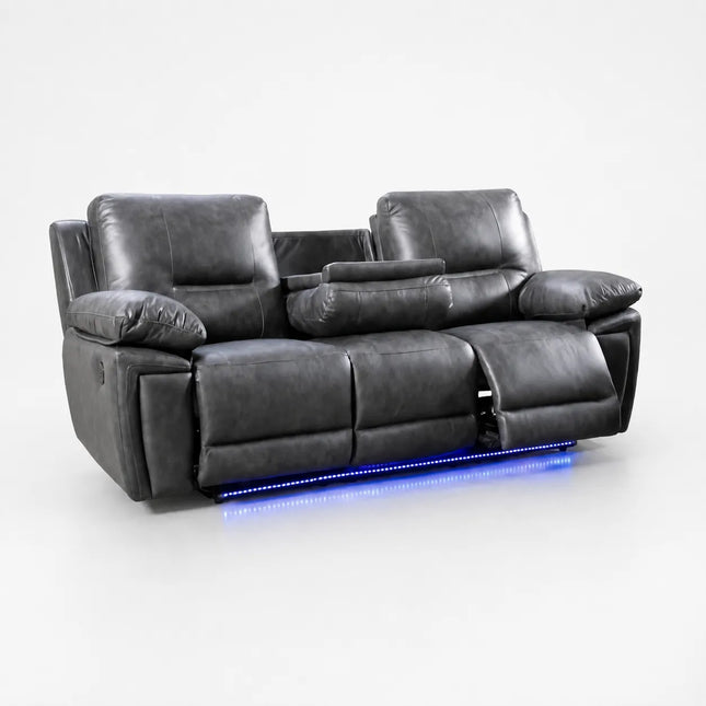 Sara Leather Electric Recliner Sofa With Cupholders - Leather Corner Sofa - 3+2 Seater - USB Charging Ports - LED Lights - Grey (3+2 Seater)