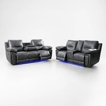 Sara Leather Electric Recliner Sofa With Cupholders - Leather Corner Sofa - 3+2 Seater - USB Charging Ports - LED Lights - Grey (3+2 Seater)