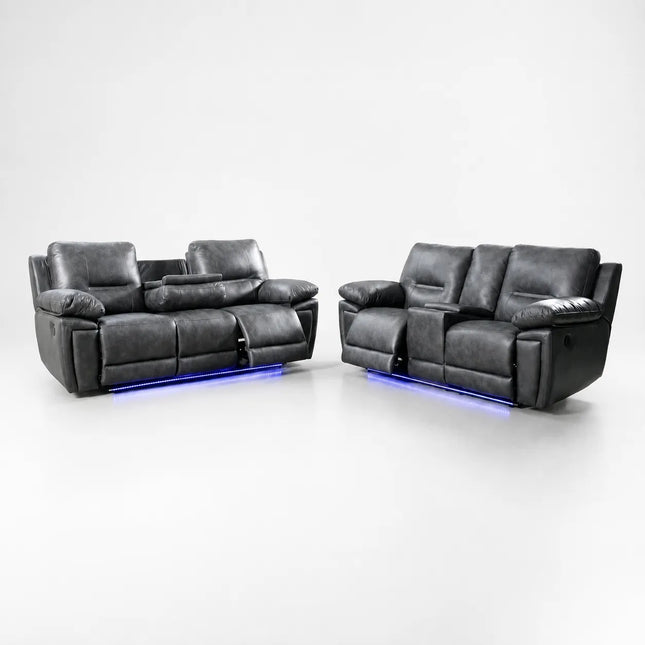 Sara Leather Electric Recliner Sofa With Cupholders - Leather Corner Sofa - 3+2 Seater - USB Charging Ports - LED Lights - Grey (3+2 Seater)
