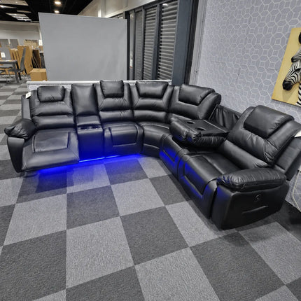 Oxford Leather Electric Recliner Corner Sofa with Cupholders - USB Charging Ports - LED Lights – Leather Corner Sofa (Black)

