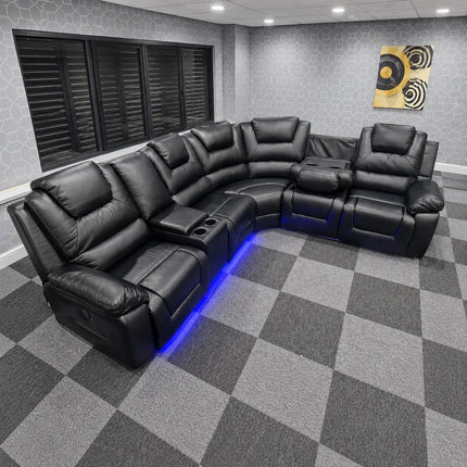Oxford Leather Electric Recliner Corner Sofa with Cupholders - USB Charging Ports - LED Lights – Leather Corner Sofa (Black)
