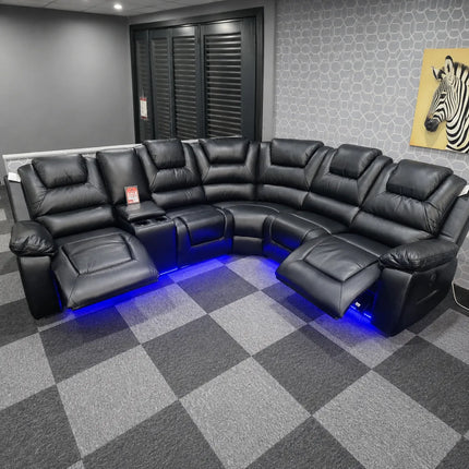 Oxford Leather Electric Recliner Corner Sofa with Cupholders - USB Charging Ports - LED Lights – Leather Corner Sofa (Black)
