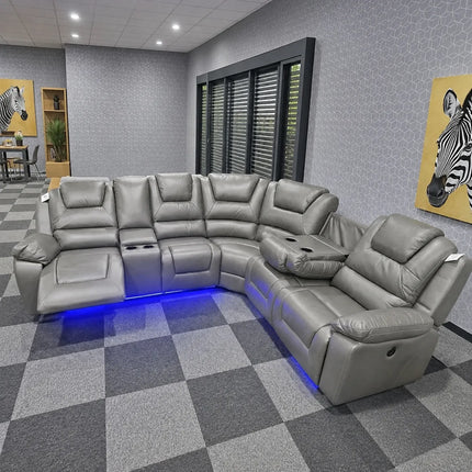 Oxford Leather Electric Recliner Corner Sofa with Cupholders - USB Charging Ports - LED Lights – Leather Corner Sofa (Grey)
