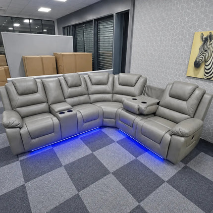 Oxford Leather Electric Recliner Corner Sofa with Cupholders - USB Charging Ports - LED Lights – Leather Corner Sofa (Grey)
