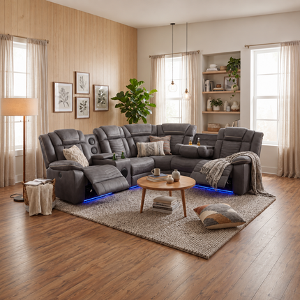 Michigan Fabric Electric Recliner Corner Sofa – Grey | Bluetooth Speakers, LED Lights, USB Charging, Cup Holders & Storage