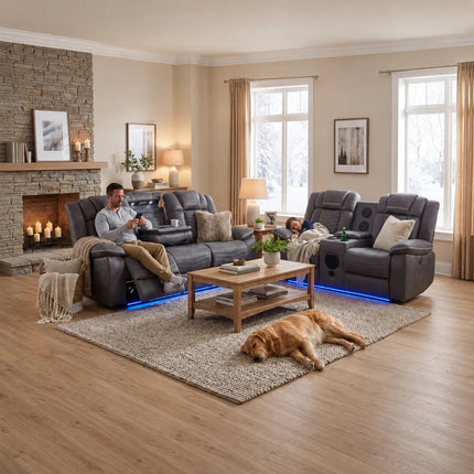 Michigan Fabric Electric Recliner 3+2 Seater Sofa Set – Grey | Bluetooth Speakers, LED Lights, USB & Type-C Charging, Cup Holders & Storage