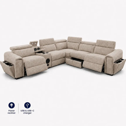 Cuba Fabric Electric Recliner Corner Sofa – Grey, Silver & Beige | USB-C, LED Lights & Storage