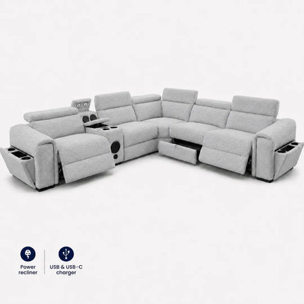 Cuba Fabric Electric Recliner Corner Sofa – Grey, Silver & Beige | USB-C, LED Lights & Storage