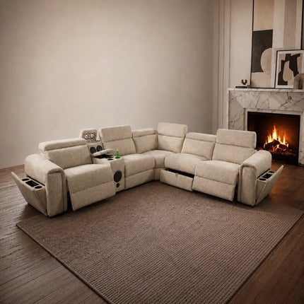 Cuba Fabric Electric Recliner Corner Sofa – Grey, Silver & Beige | USB-C, LED Lights & Storage
