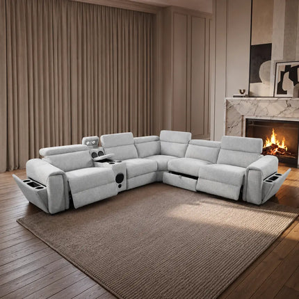 Cuba Fabric Electric Recliner Corner Sofa – Grey, Silver & Beige | USB-C, LED Lights & Storage