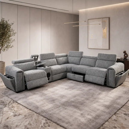 Cuba Fabric Electric Recliner Corner Sofa – Grey, Silver & Beige | USB-C, LED Lights & Storage