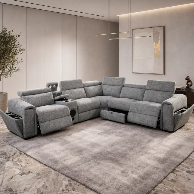 Cuba Fabric Electric Recliner Corner Sofa – Grey, Silver & Beige | USB-C, LED Lights & Storage