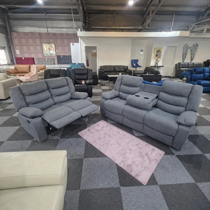 Milano 3 +2 Grey Fabric (manual recliners + cupholders)sofa set