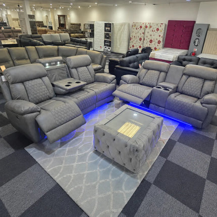 Carlisle 3+2 Leather Grey Electric Recliners + LED, Cooling Cupholders, USB-C