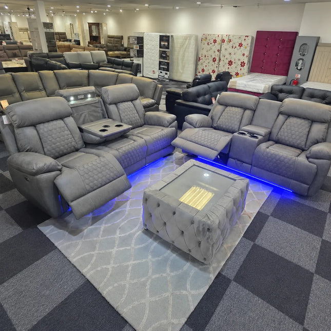 Carlisle 3+2 Leather Grey Electric Recliners + LED, Cooling Cupholders, USB-C