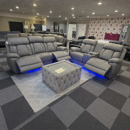 Carlisle 3+2 Leather Grey Electric Recliners + LED, Cooling Cupholders, USB-C