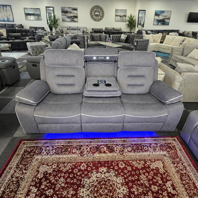 Hafsa Music 3 + 2 Elec Recliners. Grey OTE Fabric Set , USB, LED, Bluetooth.