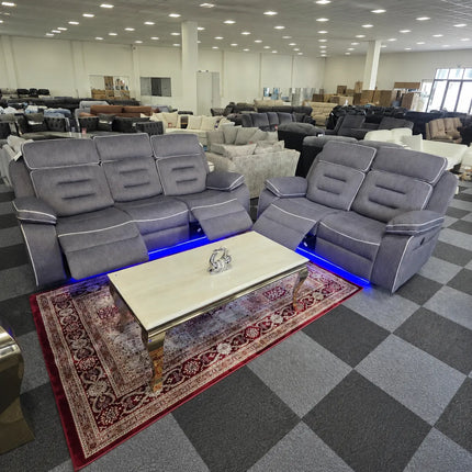 Hafsa Music 3 + 2 Elec Recliners. Grey OTE Fabric Set , USB, LED, Bluetooth.