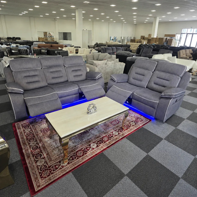Hafsa Music 3 + 2 Elec Recliners. Grey OTE Fabric Set , USB, LED, Bluetooth.