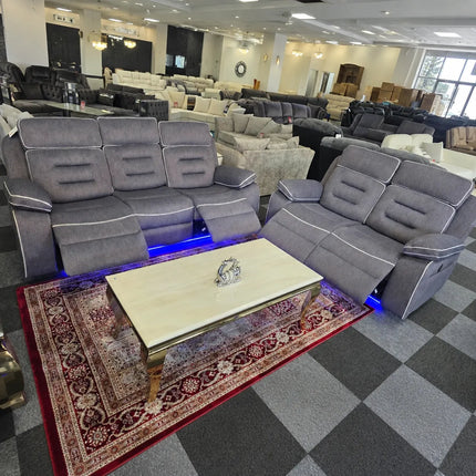 Hafsa Music 3 + 2 Elec Recliners. Grey OTE Fabric Set , USB, LED, Bluetooth.