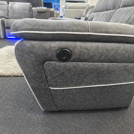 Hannah 3 + 2 Grey Sofa Set Micro Fibre Fabric Electrical Recliners + Blue LED