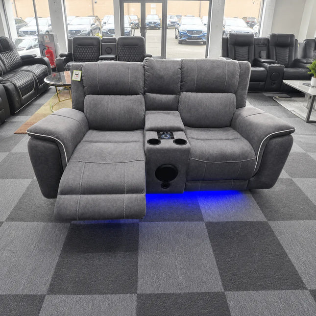 Hannah 3 + 2 Grey Sofa Set Micro Fibre Fabric Electrical Recliners + Blue LED