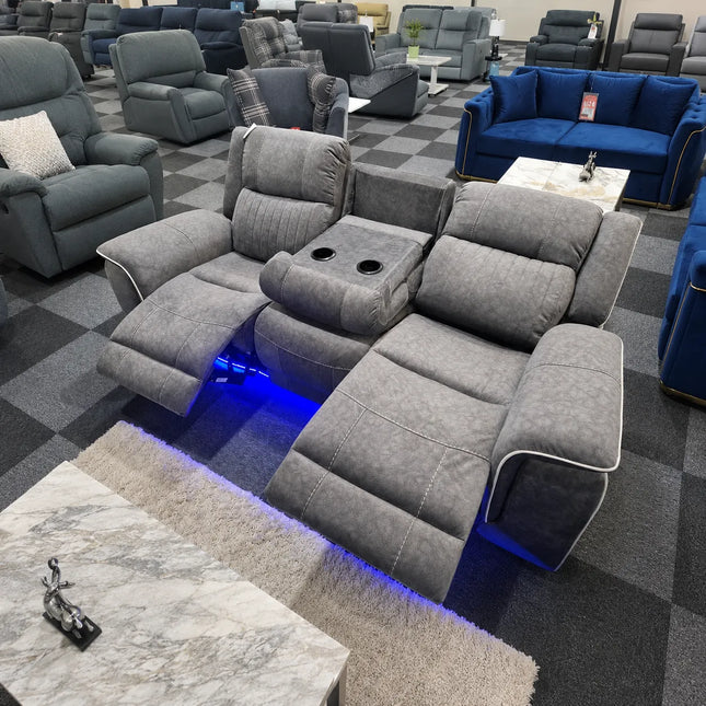 Hannah 3 + 2 Grey Sofa Set Micro Fibre Fabric Electrical Recliners + Blue LED
