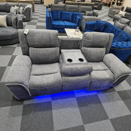 Hannah 3 + 2 Grey Sofa Set Micro Fibre Fabric Electrical Recliners + Blue LED