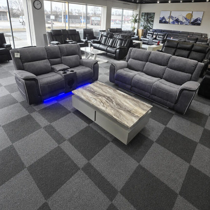 Hannah 3 + 2 Grey Sofa Set Micro Fibre Fabric Electrical Recliners + Blue LED