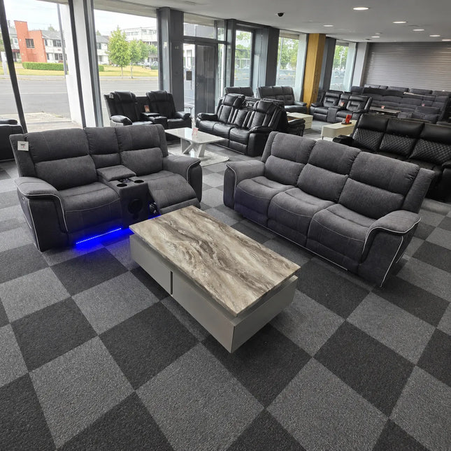 Hannah 3 + 2 Grey Sofa Set Micro Fibre Fabric Electrical Recliners + Blue LED