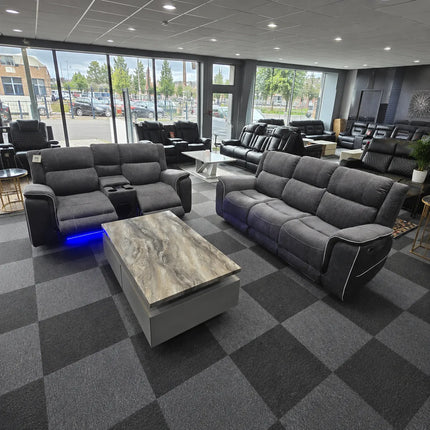 Hannah 3 + 2 Grey Sofa Set Micro Fibre Fabric Electrical Recliners + Blue LED