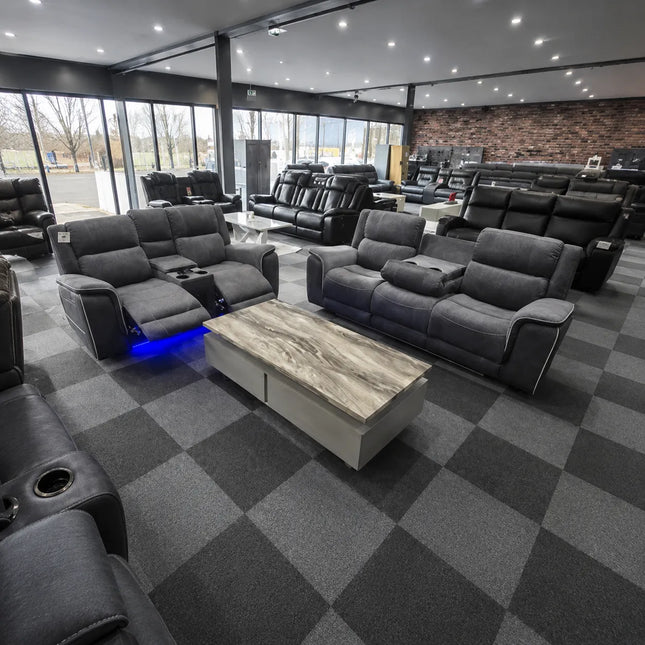 Hannah 3 + 2 Grey Sofa Set Micro Fibre Fabric Electrical Recliners + Blue LED