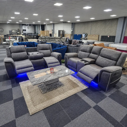 Hannah Electric Recliner Grey 3 + 2 Sofa Set Microfibre Fabric + Cupholders