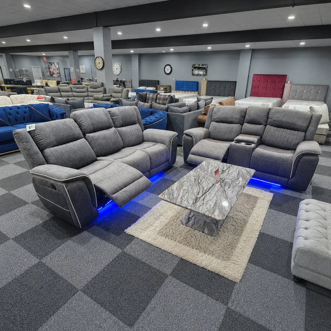 Hannah Electric Recliner Grey 3 + 2 Sofa Set Microfibre Fabric + Cupholders