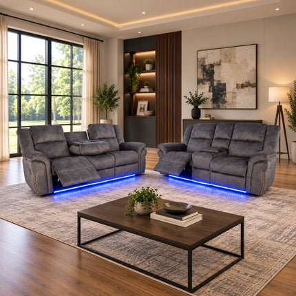 Berlin Fabric Electric Recliner Sofa With Cupholders, LED Lights And USB Charging Ports - Grey (3+2 Seater)