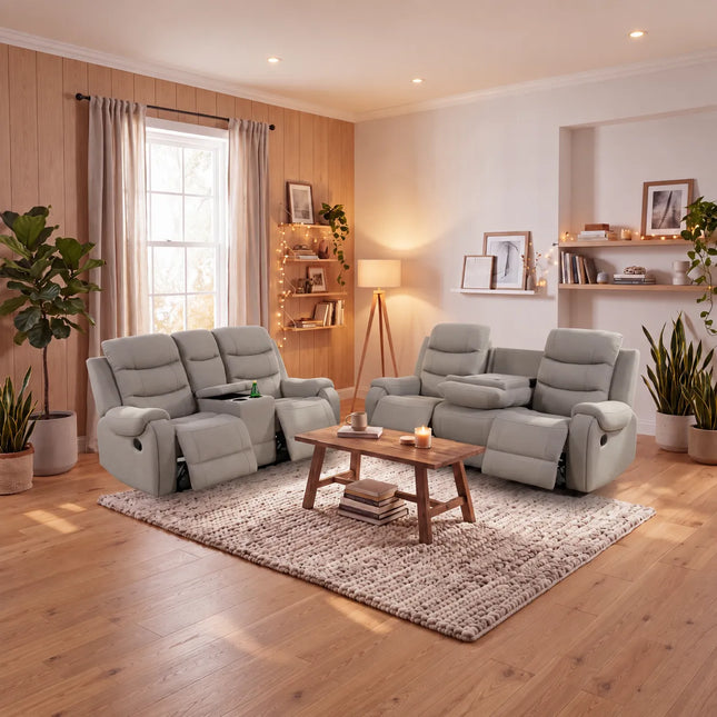 Phoenix Fabric Manual Recliner 3+2 Seater Sofa Set with Cupholders – Grey