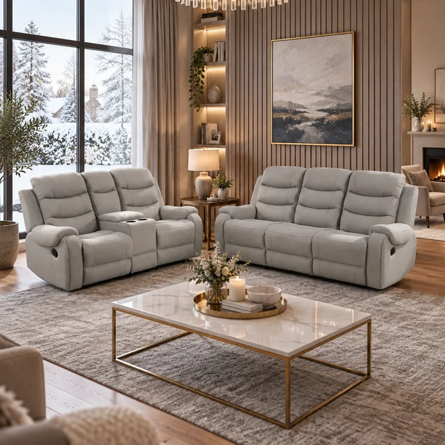Phoenix Fabric Manual Recliner 3+2 Seater Sofa Set with Cupholders – Grey