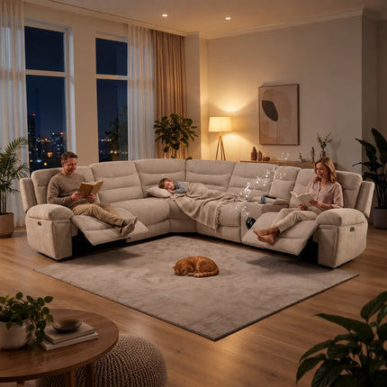 Venice Grey & Beige Fabric Corner Sofa with Cup Holders & Bluetooth Speakers