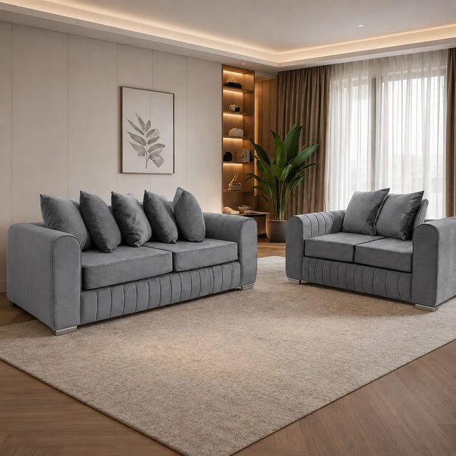 Lily Fabric Sofa Set – Modern 3+2 Seater with Plush Velvet Upholstery & Scatter Back Cushions, Available in Grey, Black, Cream & Blue