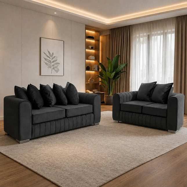 Lily Fabric Sofa Set – Modern 3+2 Seater with Plush Velvet Upholstery & Scatter Back Cushions, Available in Grey, Black, Cream & Blue