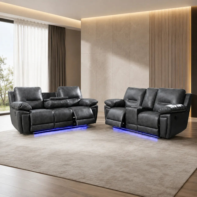 Sara Leather Electric Recliner Sofa 3+2 Seater Grey /LED Lights/USB Ports/Cup Holders