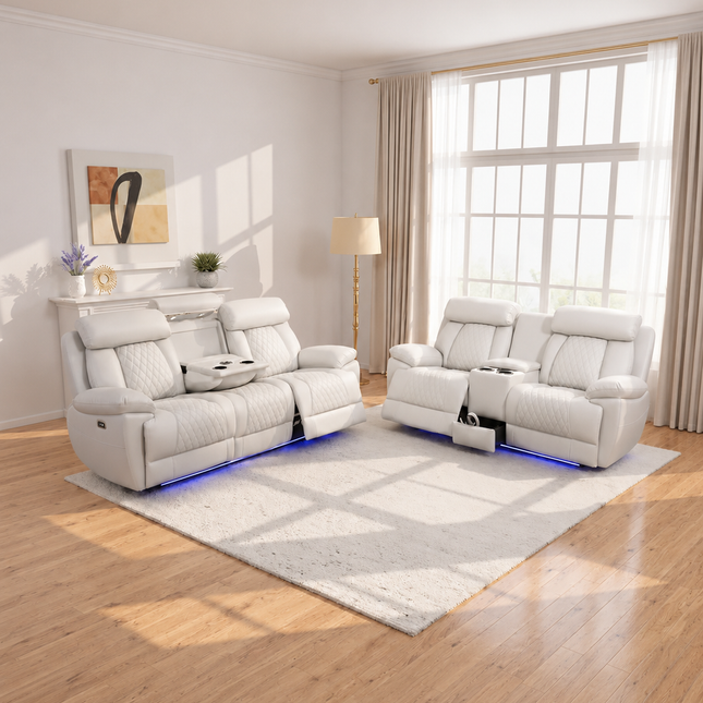 Carlisle Leather Electric Recliner 3+2 Seater Sofa Set with LED Lights, Cooling Cup Holders, USB-C Charging Ports & Storage Console