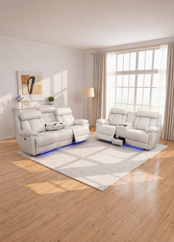 Carlisle Leather Electric Recliner 3+2 Seater Sofa Set with LED Lights, Cooling Cup Holders, USB-C Charging Ports & Storage Console